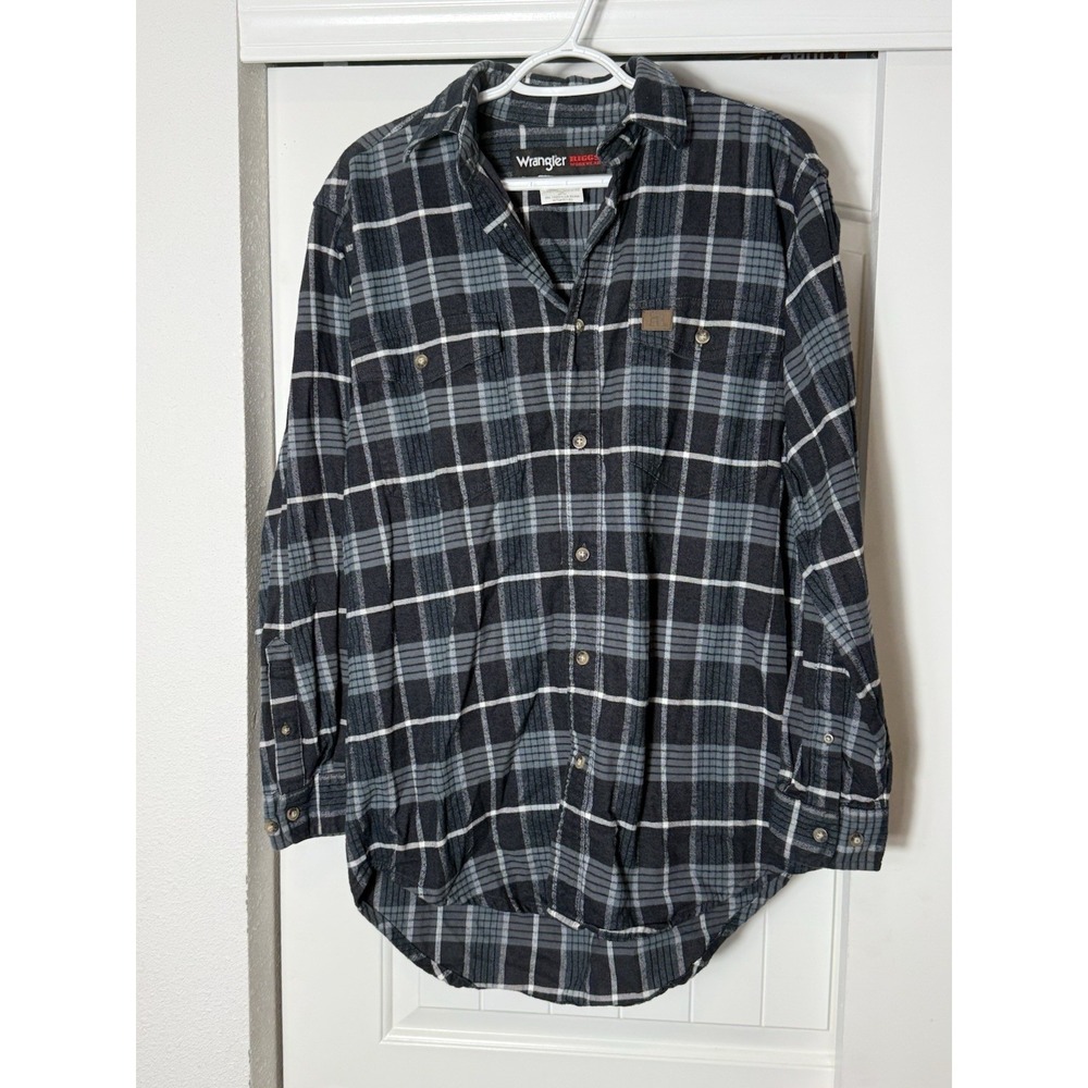 Wrangler Riggs Workwear BLUE Plaid Cotton Flannel Long Sleeve Shirt Medium